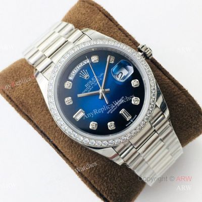 (EWF) Swiss Rolex Oyster Perpetual Day-Date Watch Blue Ombre Diamond Bezel 36mm